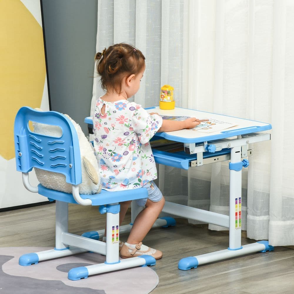image-Kids Desk and Chair Set Adjustable Tiltable with Drawer Pen Slot Hook