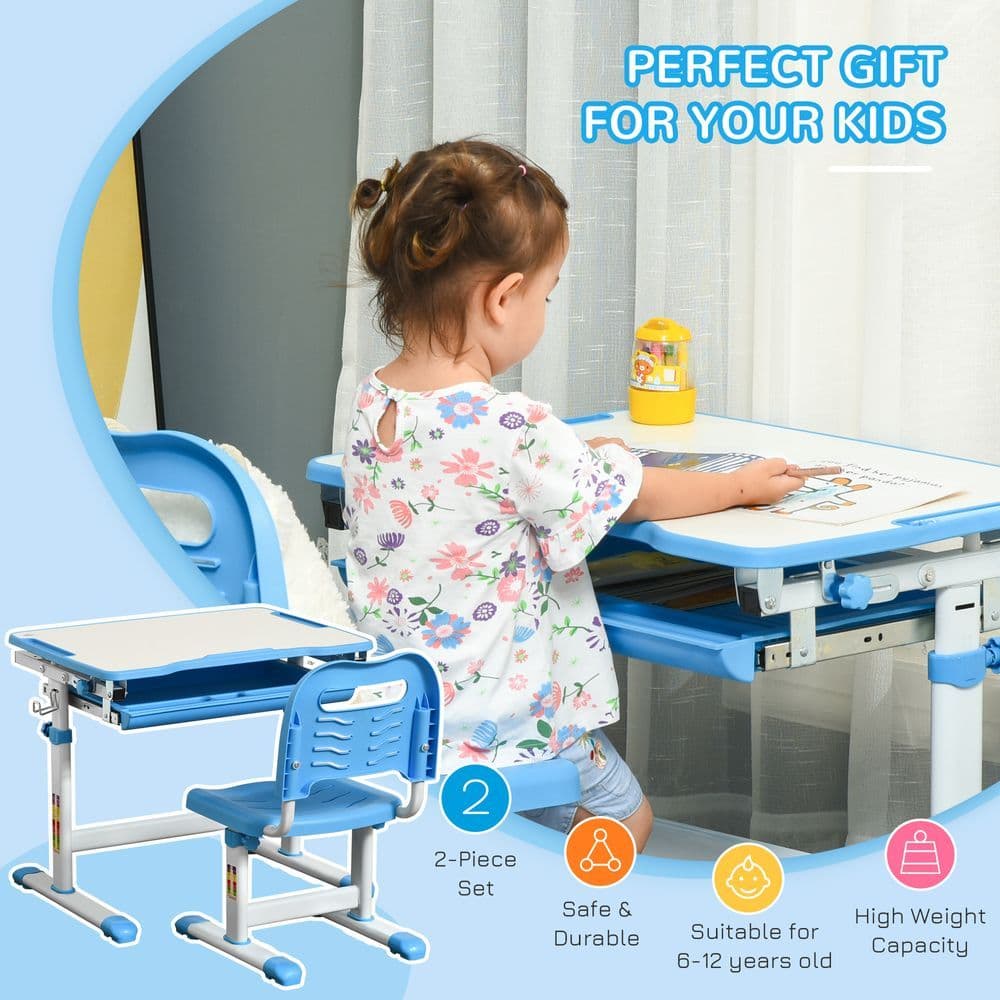 image-Kids Desk and Chair Set Adjustable Tiltable with Drawer Pen Slot Hook