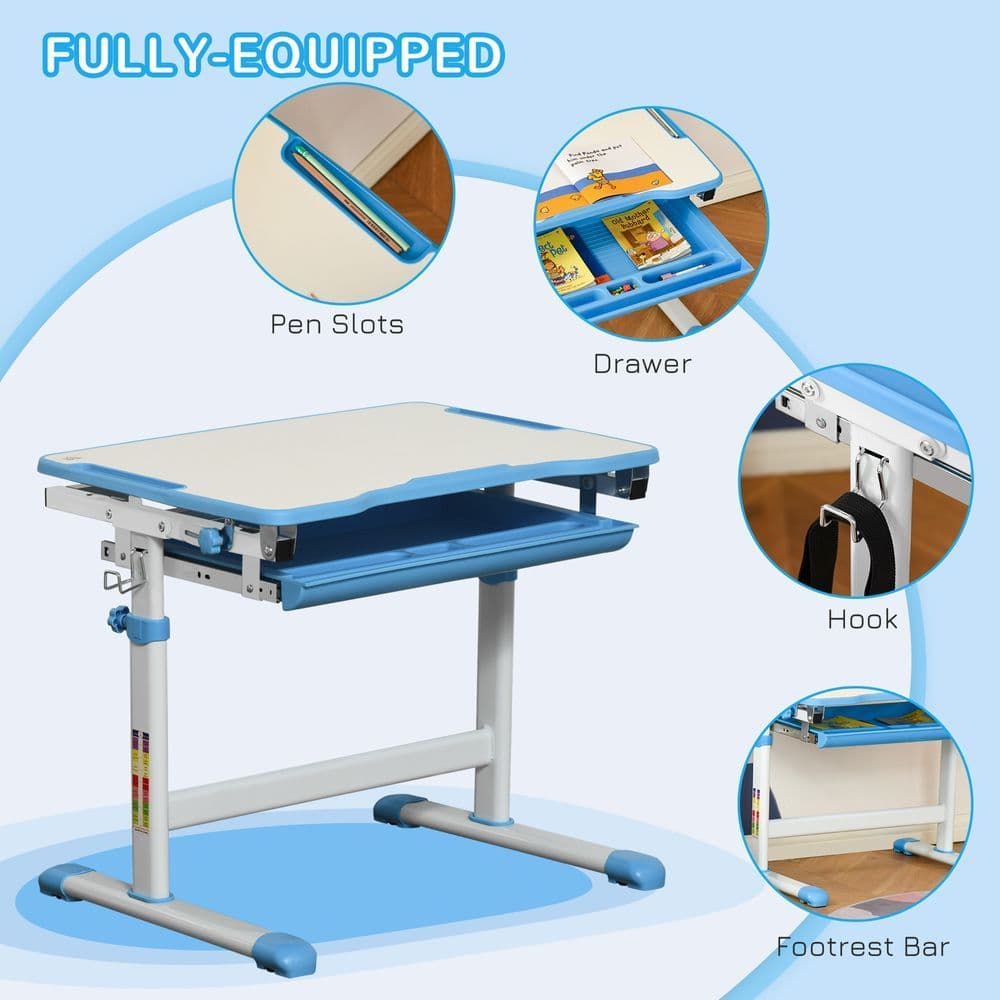 image-Kids Desk and Chair Set Adjustable Tiltable with Drawer Pen Slot Hook