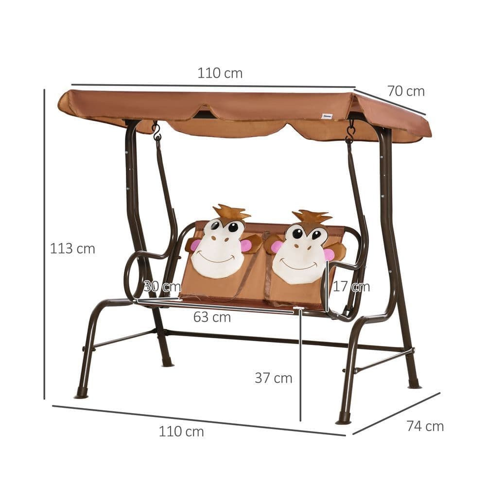 image-Two-Seat Kids Canopy Swing Chair Adjustable Awning, Seatbelt
