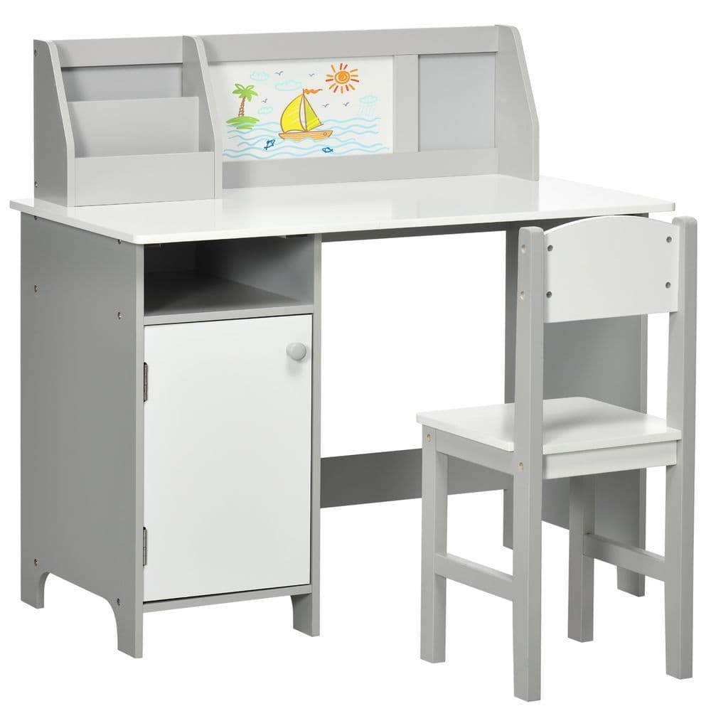 image-Two-Piece Childrens Table and Chair Set w/ Whiteboard Storage - Grey