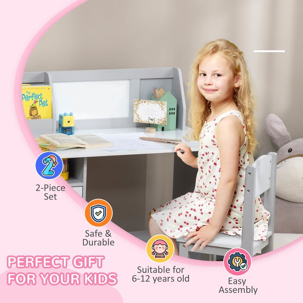 image-Two-Piece Childrens Table and Chair Set w/ Whiteboard Storage - Grey