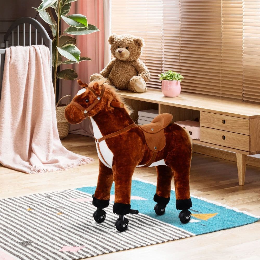 image-Child Boys Walking Horse Riding Toy Plush Walk Pony Wheels Sound