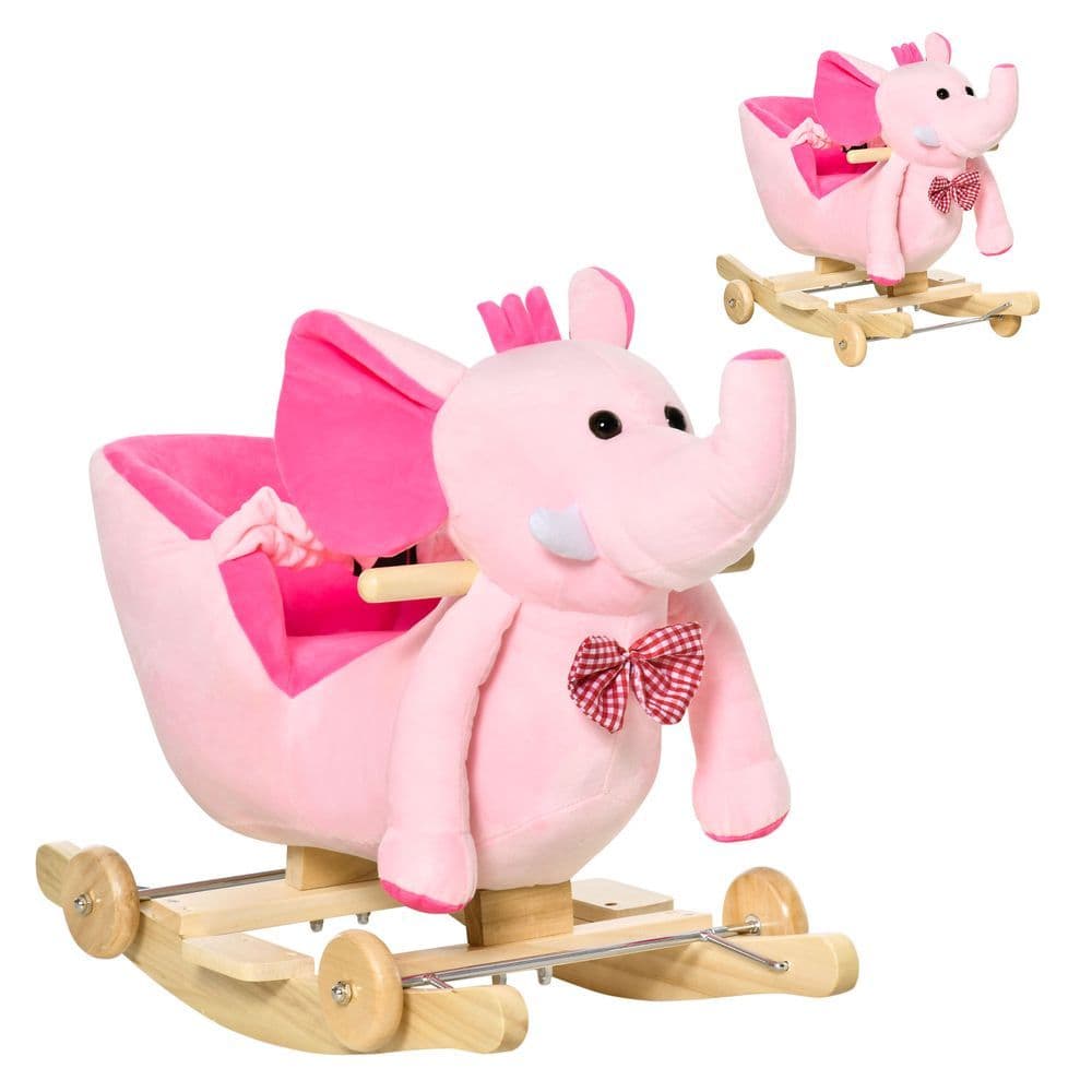 image-2-in-1 Baby Rocking Horse Ride On Elephant W/ Wheels Music, Pink
