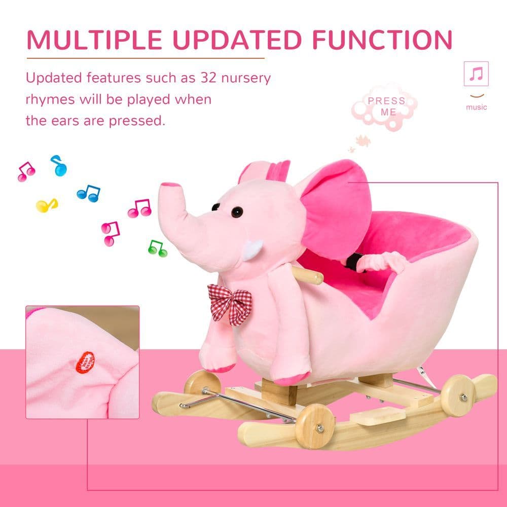 image-2-in-1 Baby Rocking Horse Ride On Elephant W/ Wheels Music, Pink
