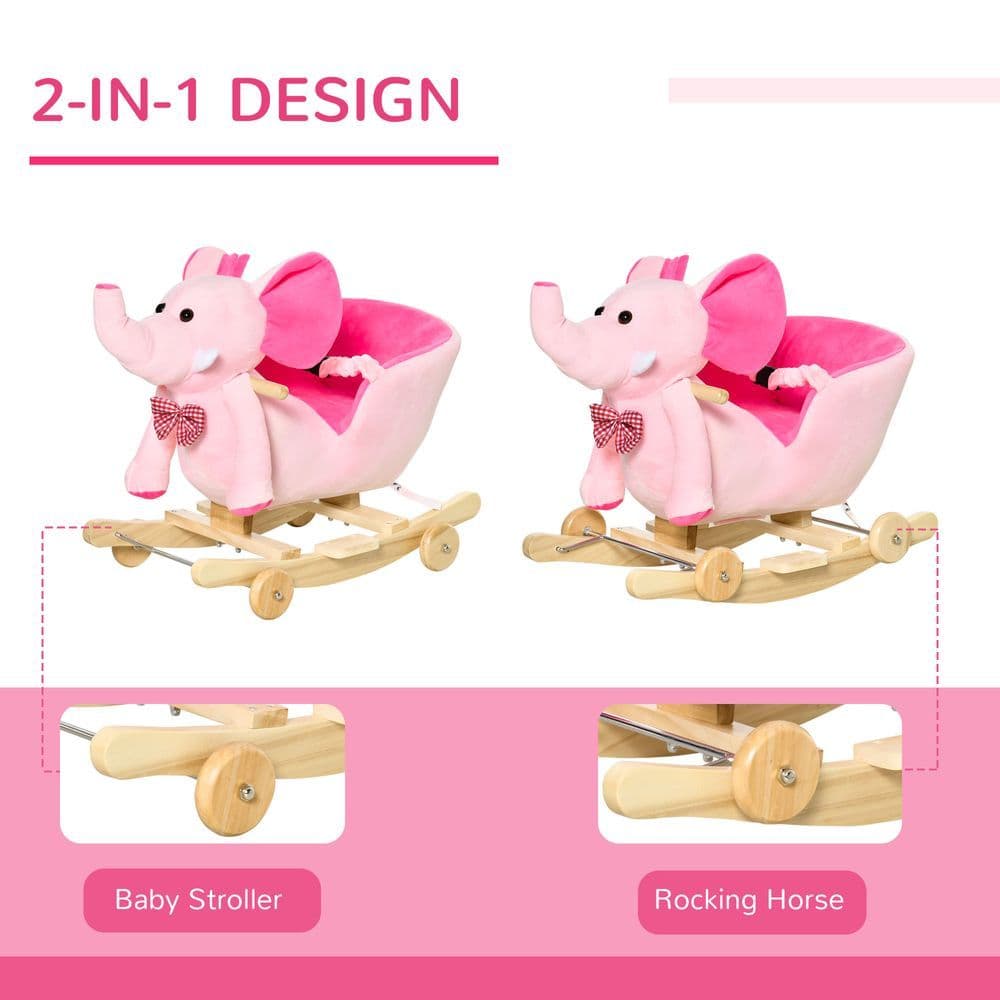 image-2-in-1 Baby Rocking Horse Ride On Elephant W/ Wheels Music, Pink