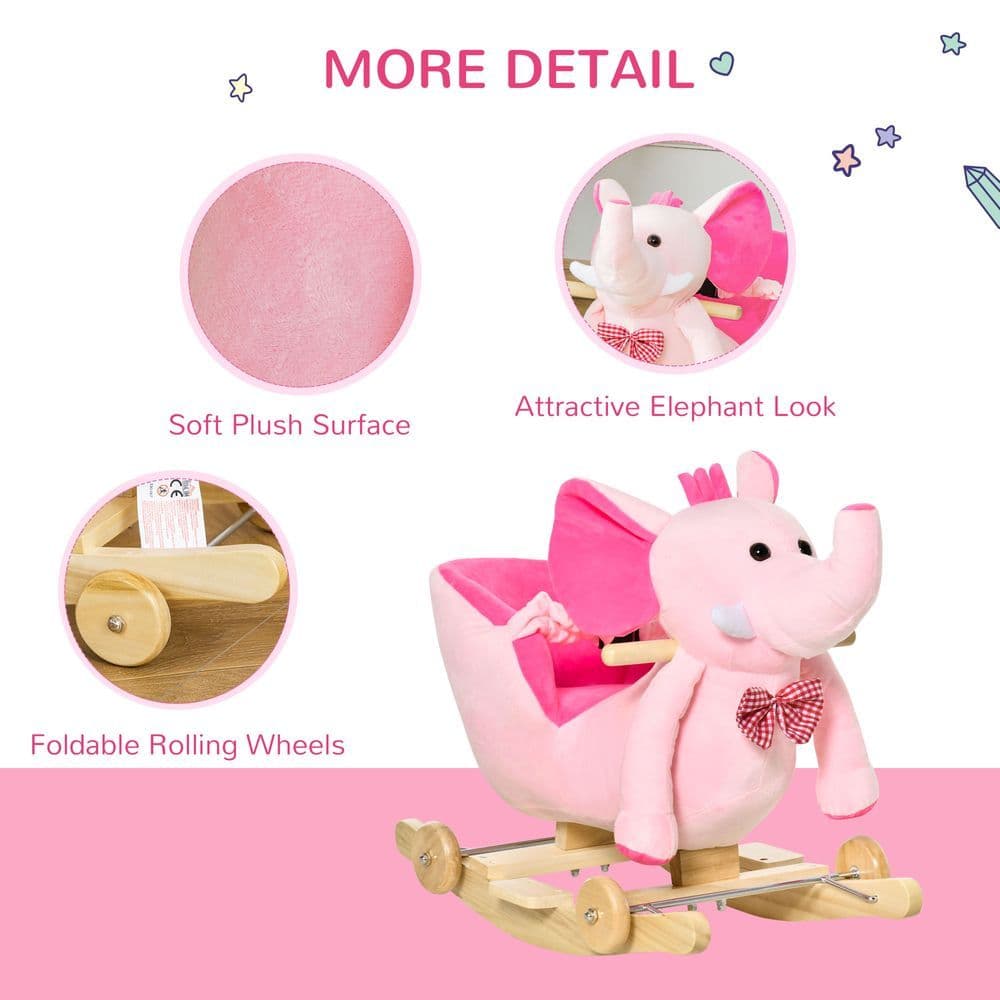 image-2-in-1 Baby Rocking Horse Ride On Elephant W/ Wheels Music, Pink