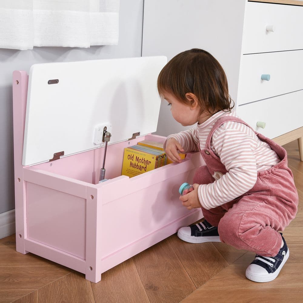 image-2-in-1 Wooden Toy Box Kids Seat Bench Storage Chest w/ Pneumatic Rod