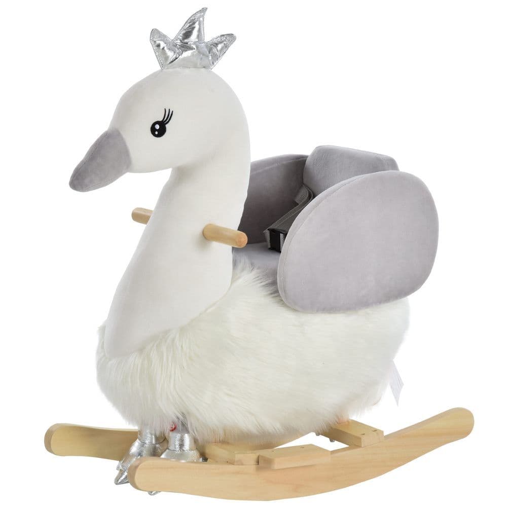image-Cute Kids Ride-On Rocking Swan w/ Sound Handlebars Seat Belt Plush Body