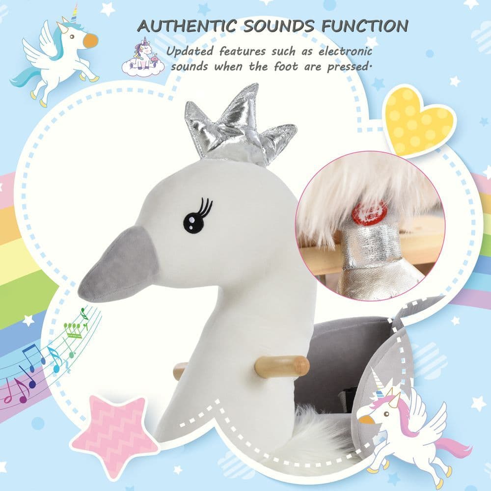 image-Cute Kids Ride-On Rocking Swan w/ Sound Handlebars Seat Belt Plush Body