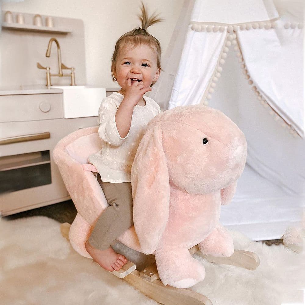 image-Cute Kids Ride-On Rocking Rabbit Sound Handlebars Seat Belt Plush Body HOMCOM