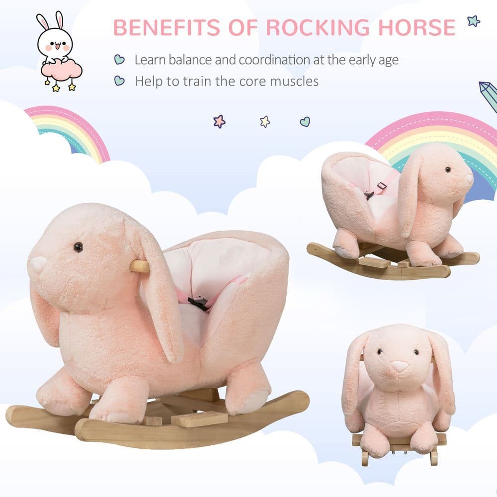 image-Cute Kids Ride-On Rocking Rabbit Sound Handlebars Seat Belt Plush Body HOMCOM