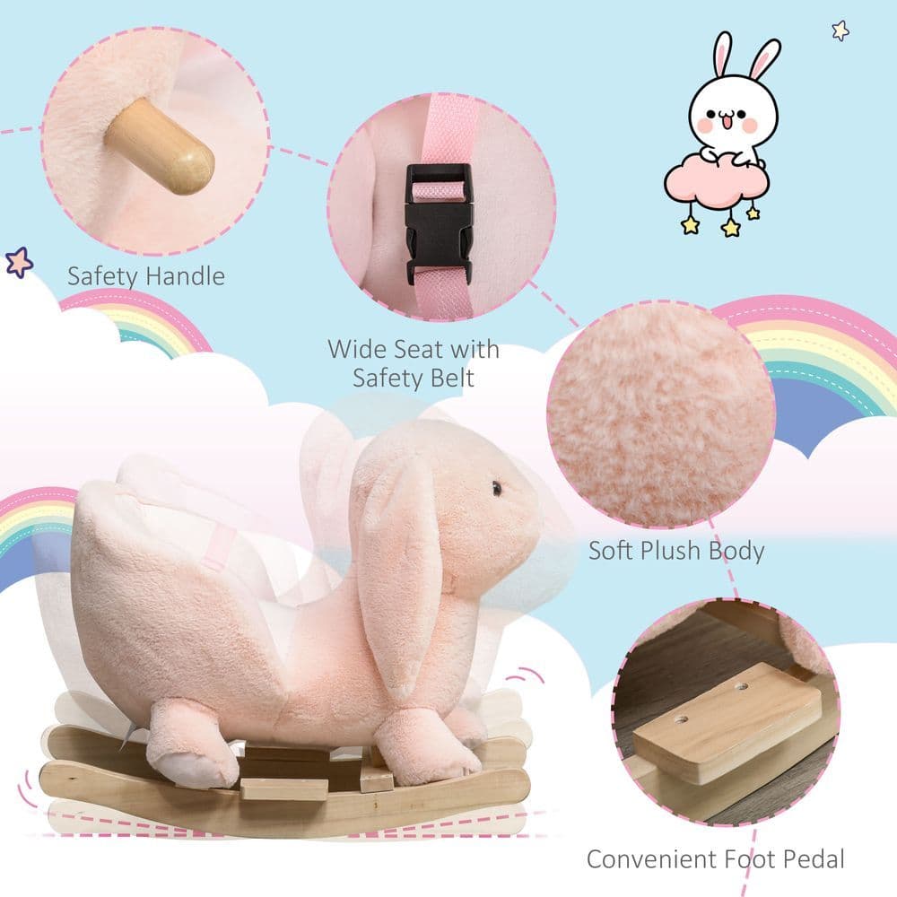 image-Cute Kids Ride-On Rocking Rabbit Sound Handlebars Seat Belt Plush Body HOMCOM