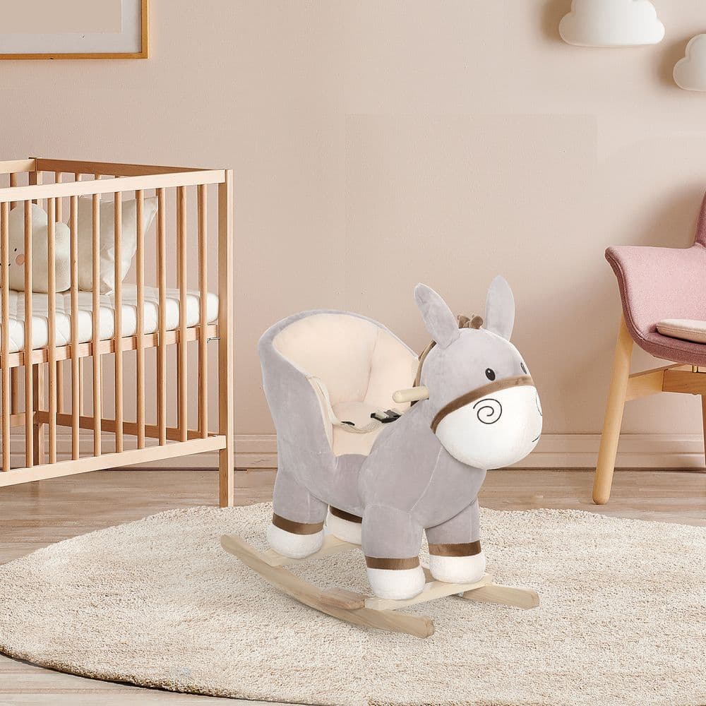 image-Cute Kids Ride-On Rocking Donkey Sound Handlebars Seat Belt Plush Body HOMCOM
