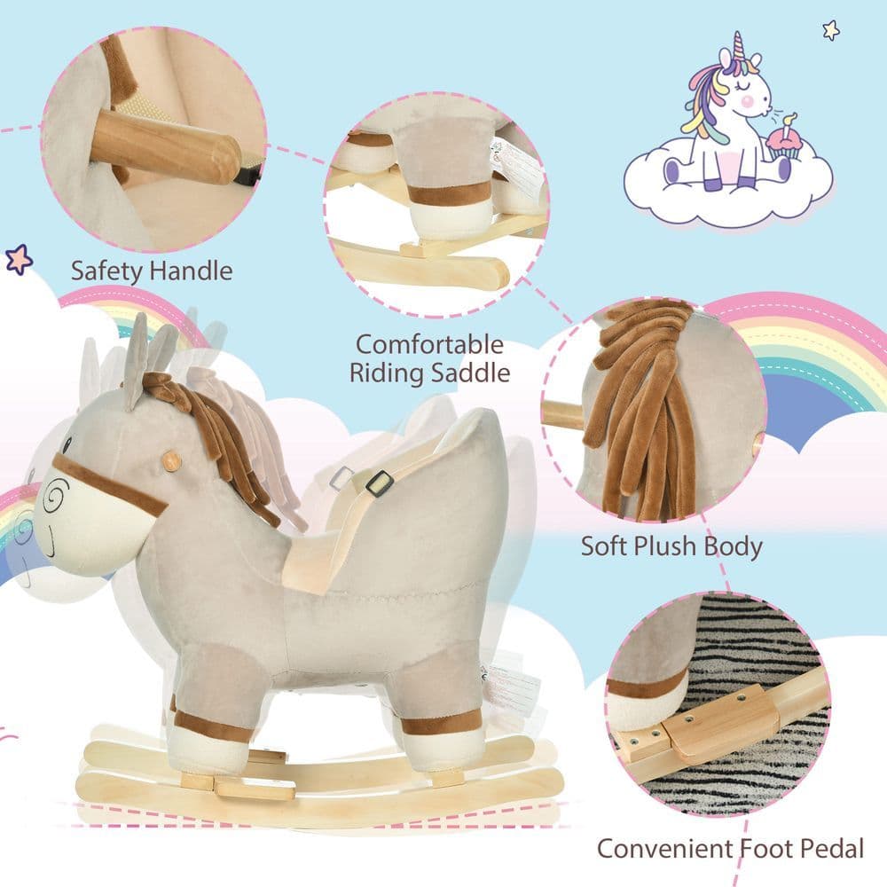 image-Cute Kids Ride-On Rocking Donkey Sound Handlebars Seat Belt Plush Body HOMCOM