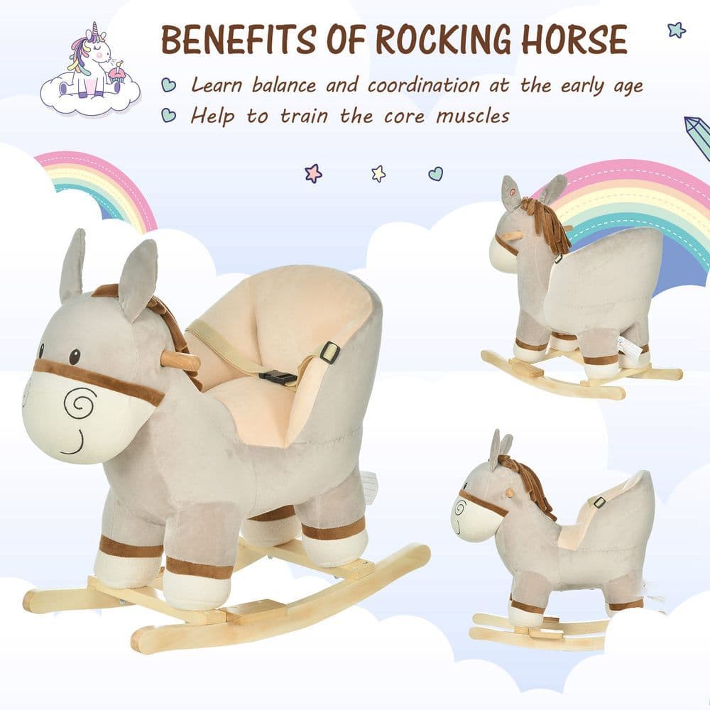 image-Cute Kids Ride-On Rocking Donkey Sound Handlebars Seat Belt Plush Body HOMCOM