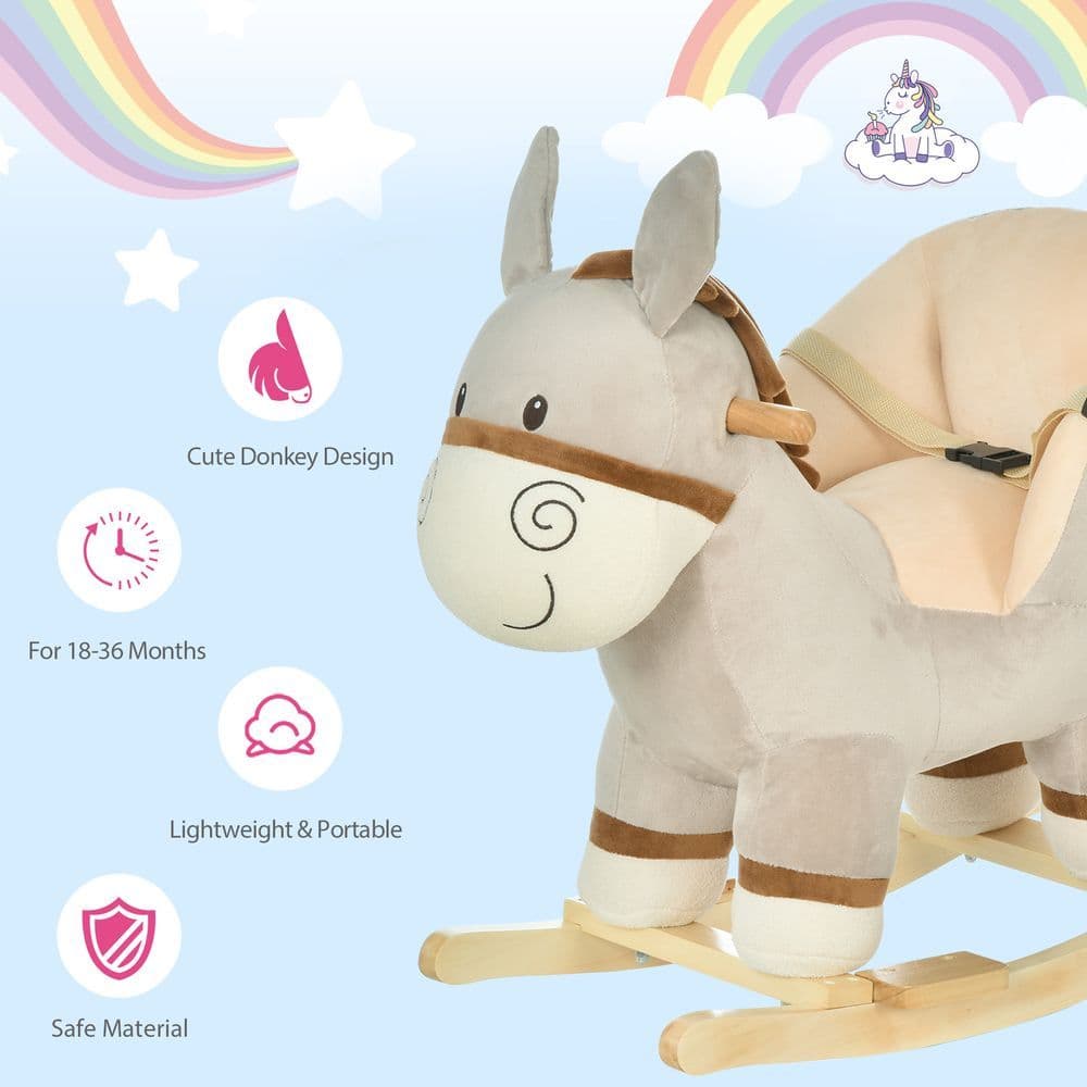 image-Cute Kids Ride-On Rocking Donkey Sound Handlebars Seat Belt Plush Body HOMCOM