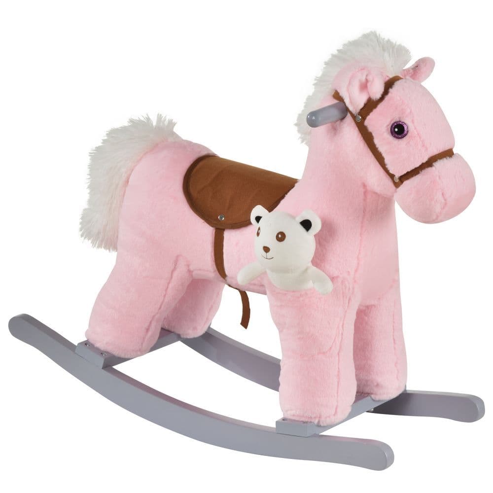 image-Kids Plush Ride-On Rocking Horse with Plush Toy Sound Handle Grip HOMCOM