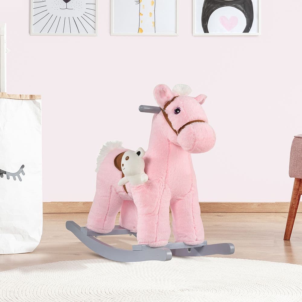 image-Kids Plush Ride-On Rocking Horse with Plush Toy Sound Handle Grip HOMCOM