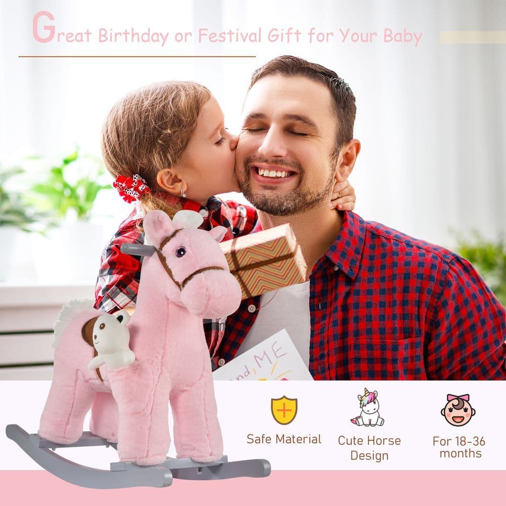 image-Kids Plush Ride-On Rocking Horse with Plush Toy Sound Handle Grip HOMCOM