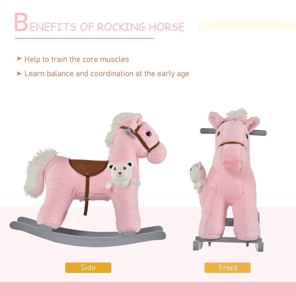 image-Kids Plush Ride-On Rocking Horse with Plush Toy Sound Handle Grip HOMCOM