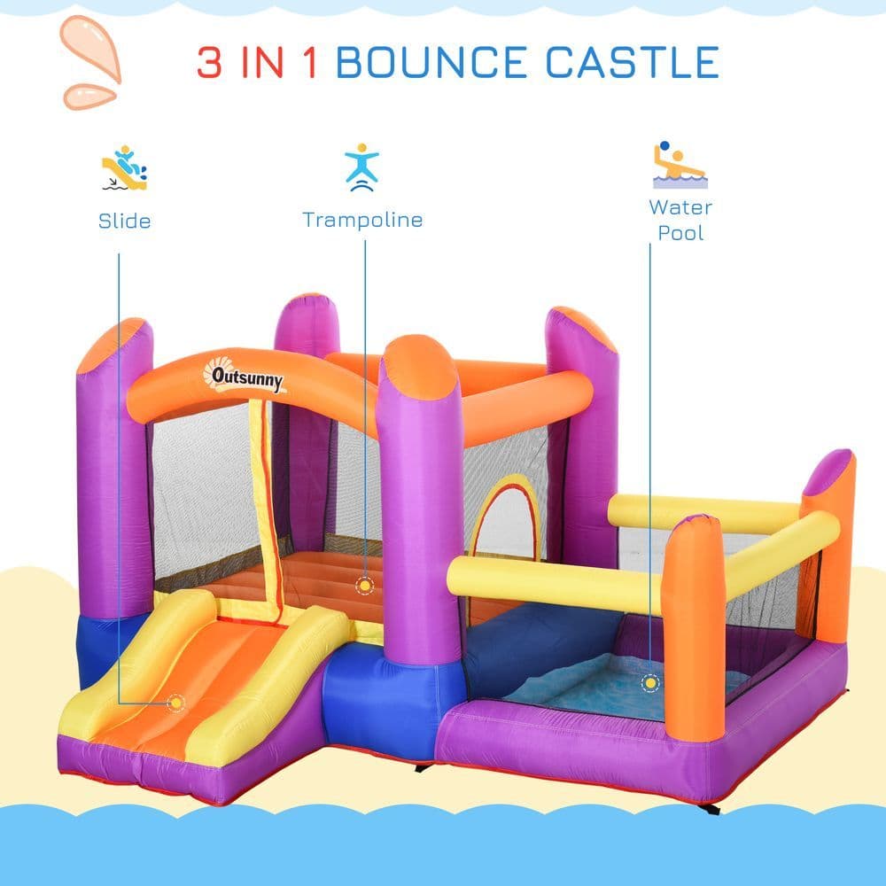 image-Bouncy Castle with Slide Pool House Inflatable w/ Blower Multi-color Outsunny