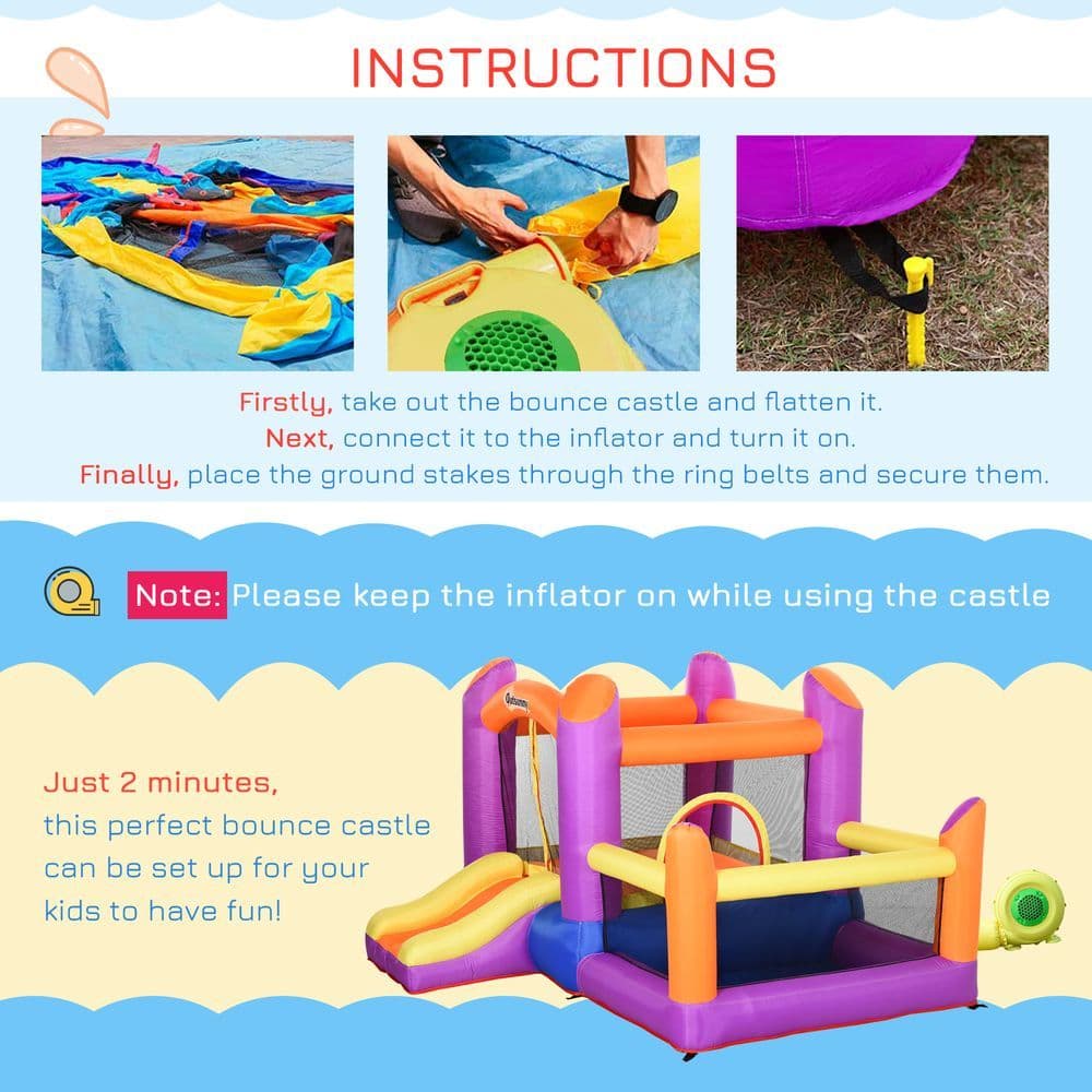 image-Bouncy Castle with Slide Pool House Inflatable w/ Blower Multi-color Outsunny