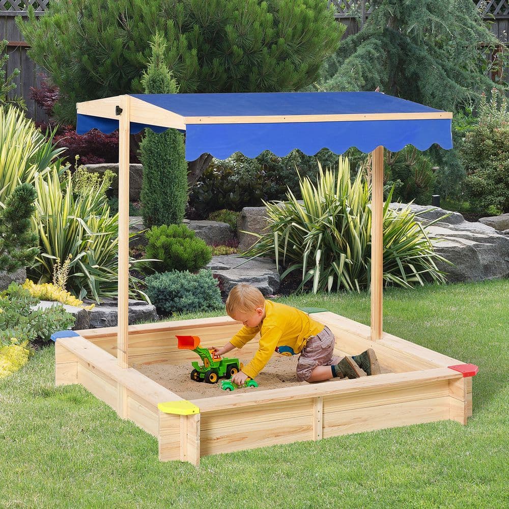 image-Kids Wooden Cabana Sandbox Children Outdoor Playset w/ Bench Canopy