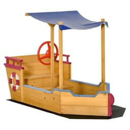 image-Kids Wooden Sand Pit Sandbox Pirate Sandboat Outdoor w/ Canopy Shade