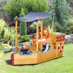 image-Kids Wooden Sand Pit Sandbox Pirate Sandboat Outdoor w/ Canopy Shade