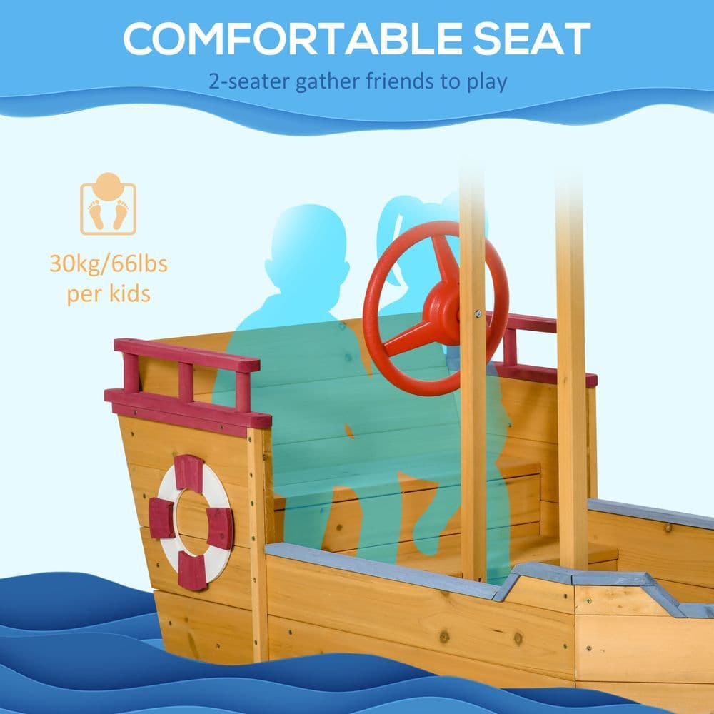 image-Kids Wooden Sand Pit Sandbox Pirate Sandboat Outdoor w/ Canopy Shade