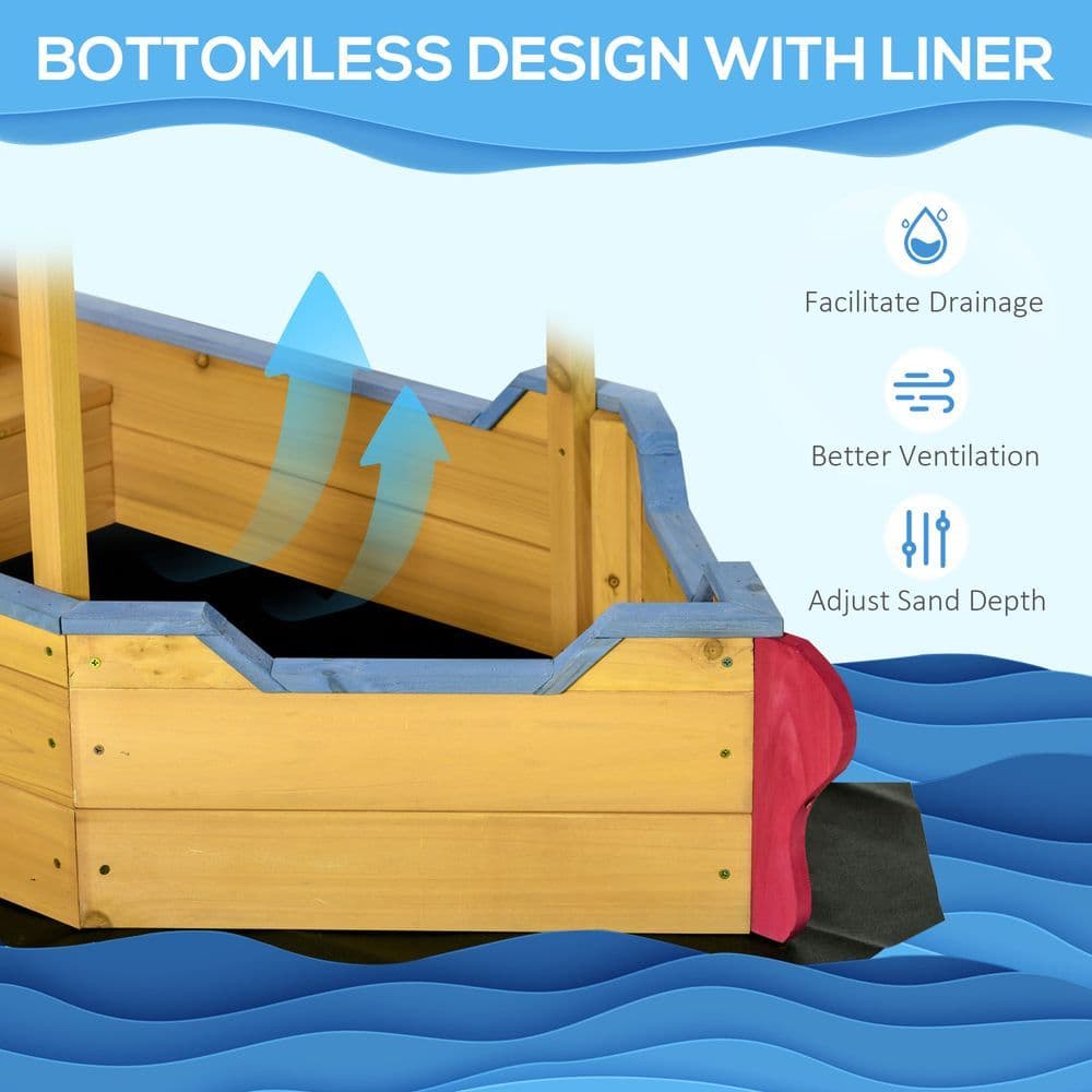 image-Kids Wooden Sand Pit Sandbox Pirate Sandboat Outdoor w/ Canopy Shade