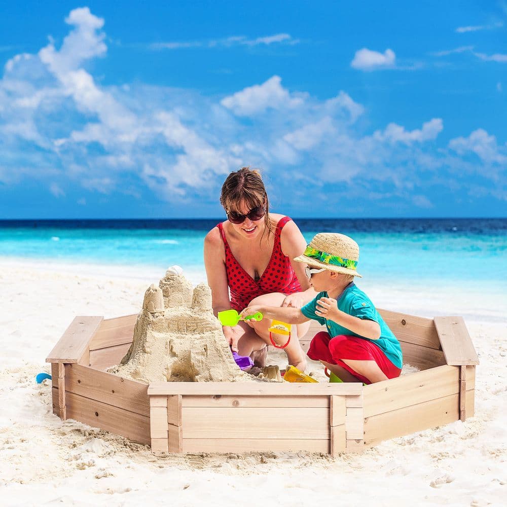 image-Kids Wooden Sand Pit Children Sandbox with Cover Outdoor Playset Outsunny