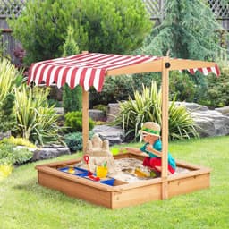 image-Kids Wooden Sandbox Sand Pit Height Adjustable with Canopy Basins Outsunny