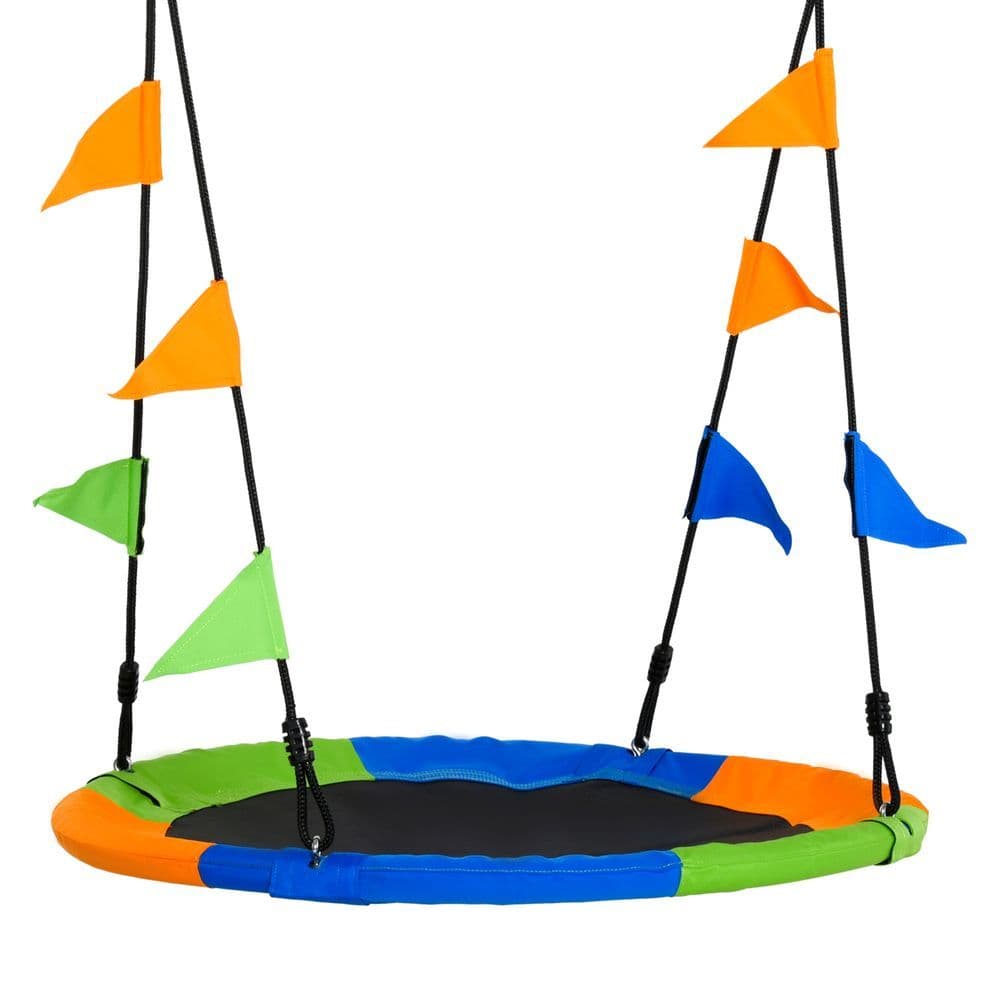 image-Saucer Tree Swing Metal Tube Adjustable Rope Garden Blue Green Orange