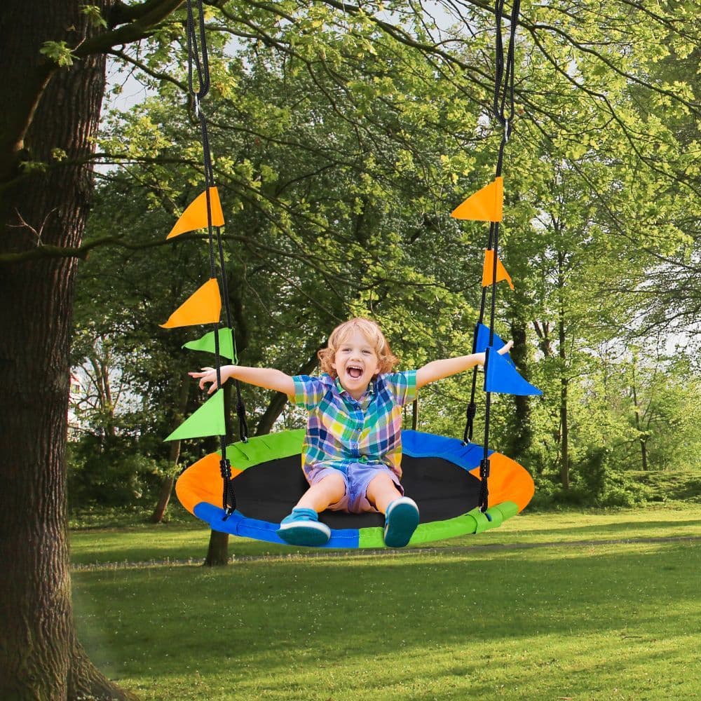 image-Saucer Tree Swing Metal Tube Adjustable Rope Garden Blue Green Orange