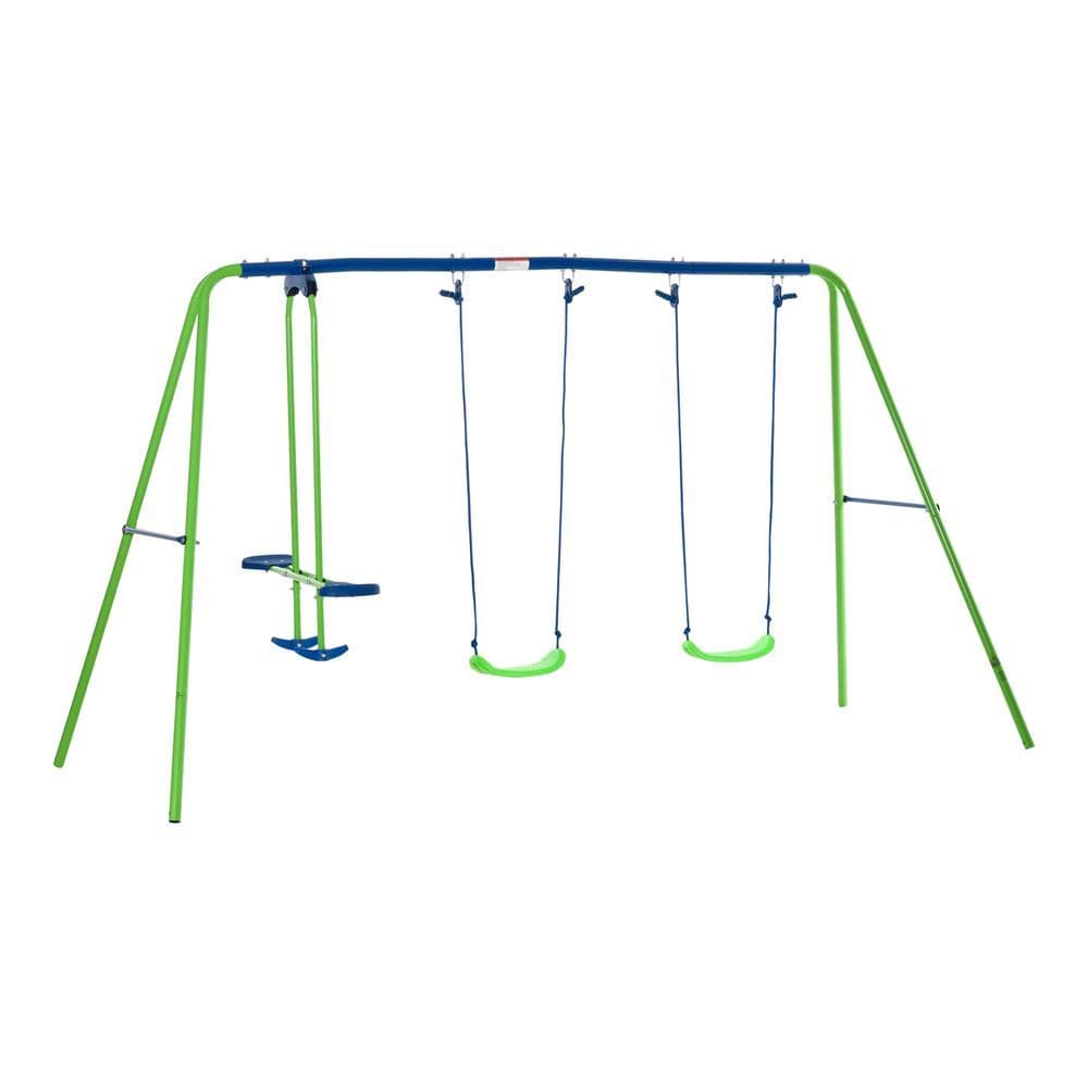 image-Metal 2 Swings & Seesaw Set Height Adjustable Outdoor Play Set, Green Outsunny