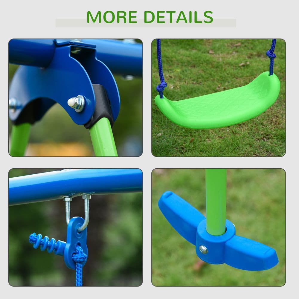 image-Metal 2 Swings & Seesaw Set Height Adjustable Outdoor Play Set, Green Outsunny