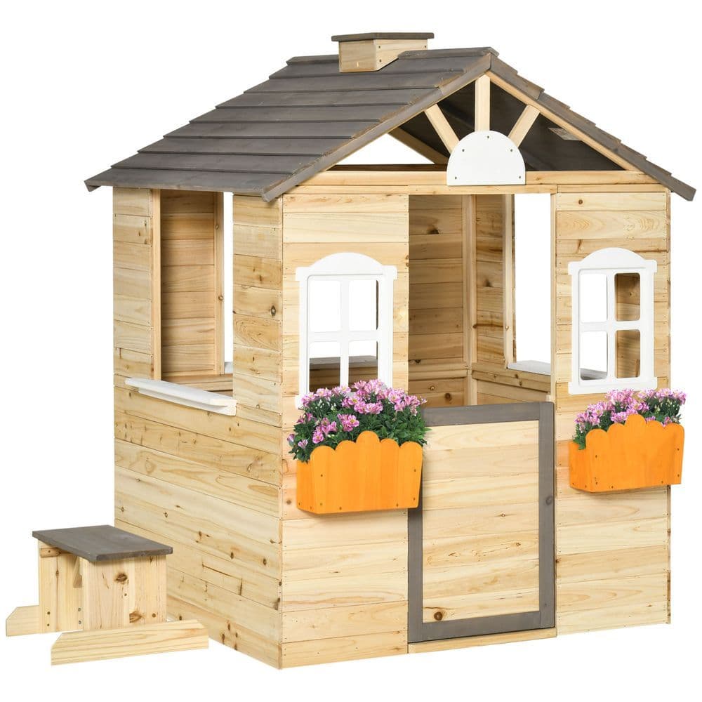image-Wooden Kids Playhouse w/ Door, Windows, Bench, For Ages 3-7 Years