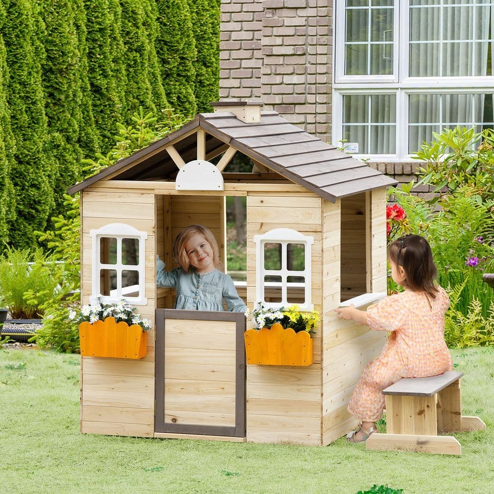 image-Wooden Kids Playhouse w/ Door, Windows, Bench, For Ages 3-7 Years