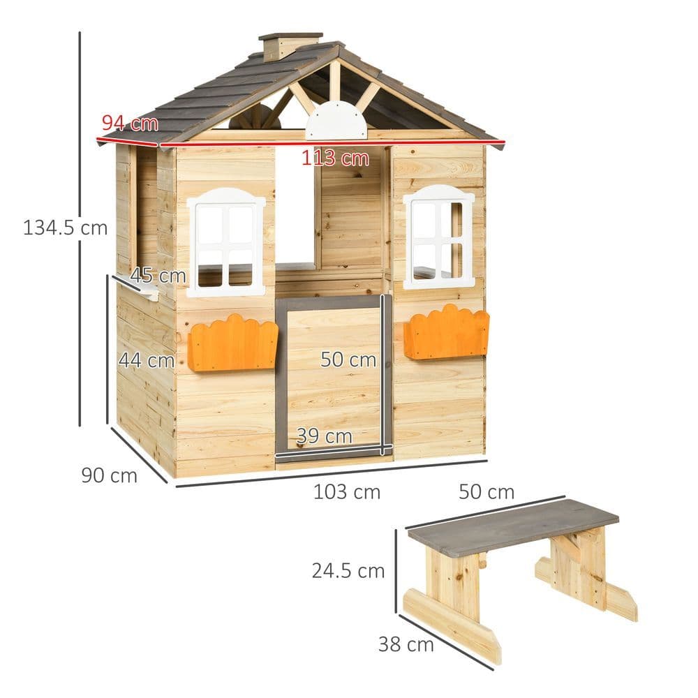 image-Wooden Kids Playhouse w/ Door, Windows, Bench, For Ages 3-7 Years