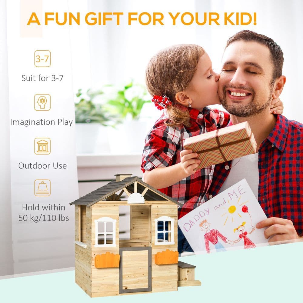 image-Wooden Kids Playhouse w/ Door, Windows, Bench, For Ages 3-7 Years