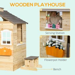 image-Wooden Kids Playhouse w/ Door, Windows, Bench, For Ages 3-7 Years