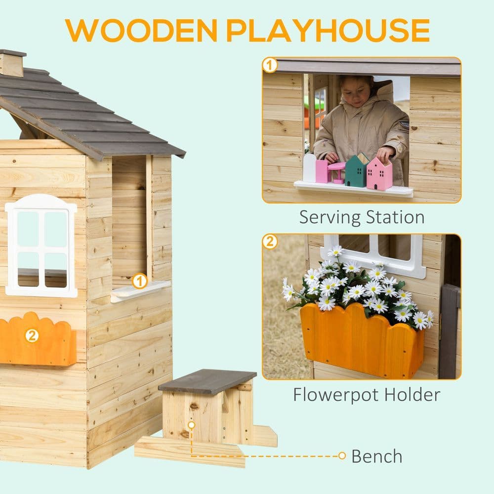 image-Wooden Kids Playhouse w/ Door, Windows, Bench, For Ages 3-7 Years
