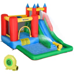 image-Kids Bouncy Castle w/ Slide Water Pool Climbing Wall & Trampoline