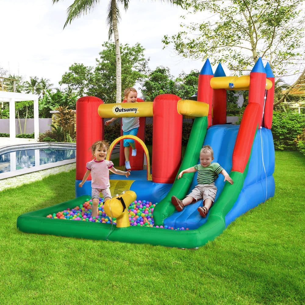 image-Kids Bouncy Castle w/ Slide Water Pool Climbing Wall & Trampoline