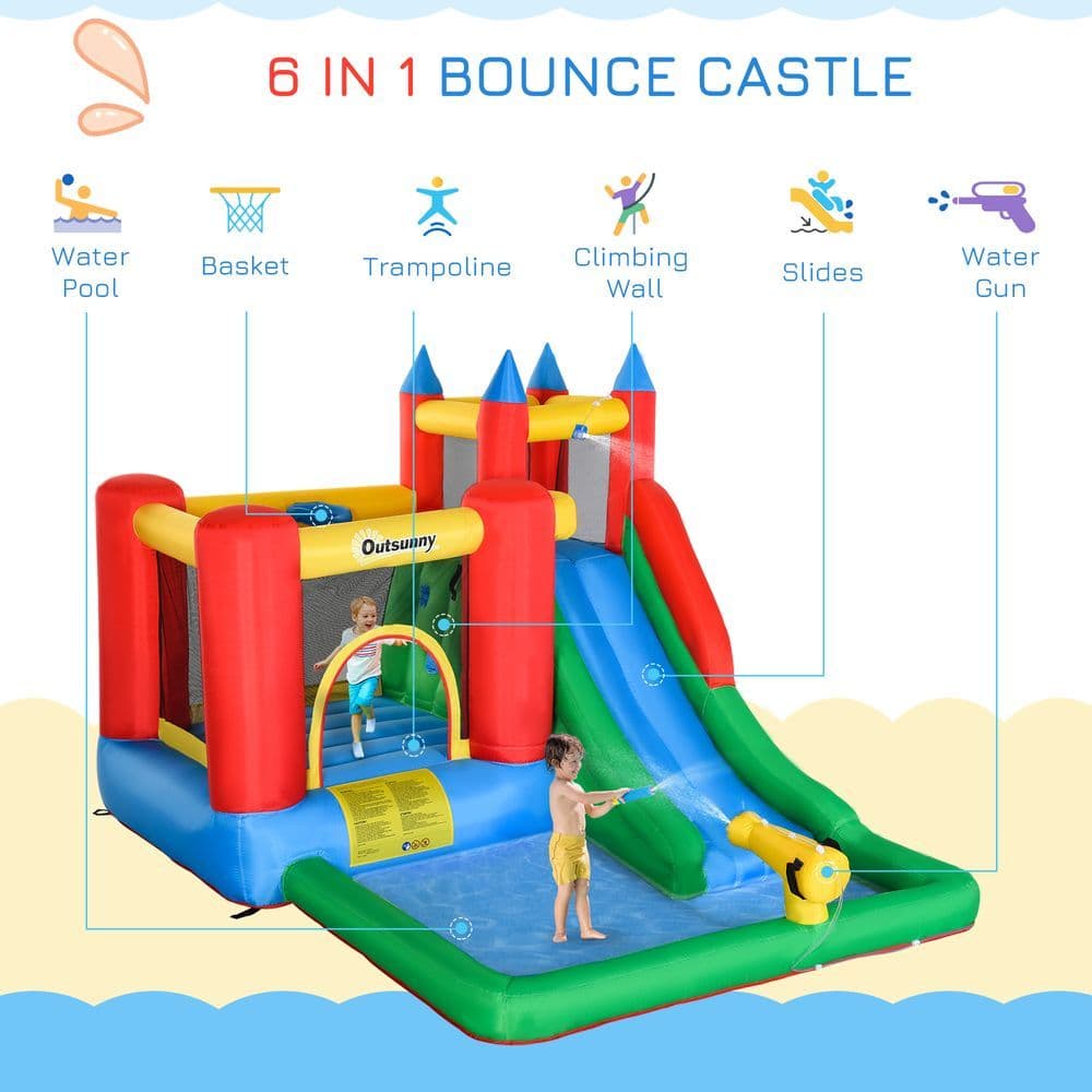 image-Kids Bouncy Castle w/ Slide Water Pool Climbing Wall & Trampoline