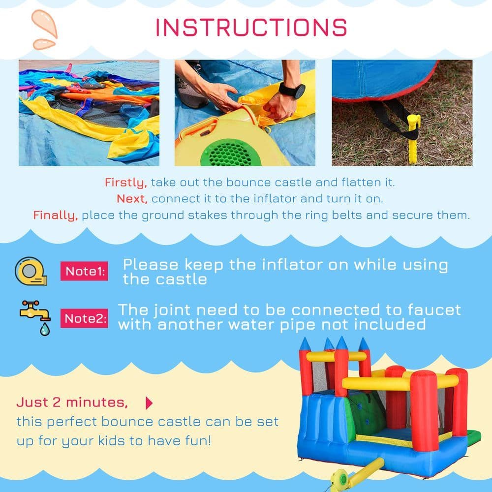 image-Kids Bouncy Castle w/ Slide Water Pool Climbing Wall & Trampoline