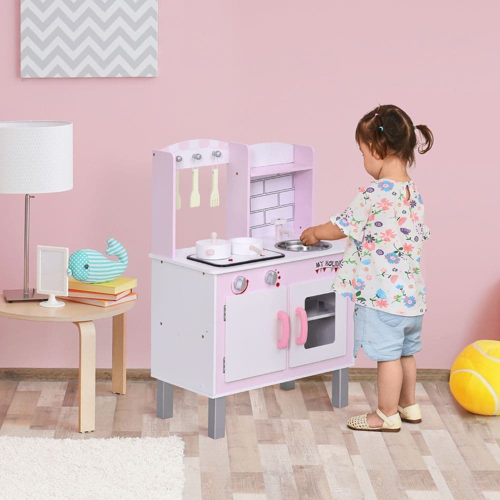 image-Kids Kitchen Play Set Sounds Utensils Pans Storage Child Role Play