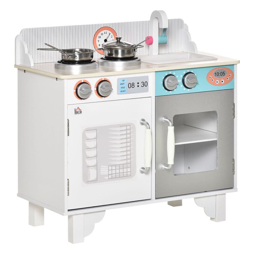image-Kids Wooden Toy Kitchen Pretend Playset with Sink Faucet Pot